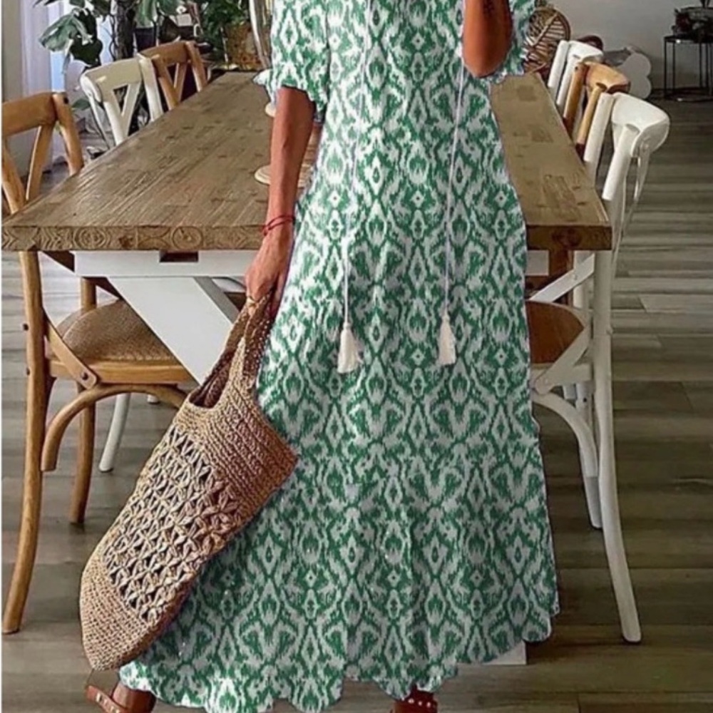 Amazon Green and White Patterned Maxi Dress